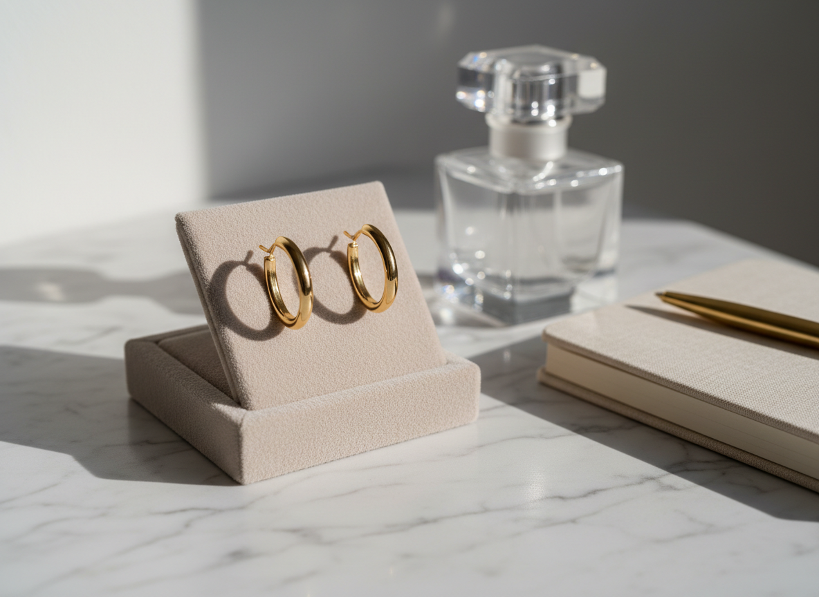An elegant pair of minimalist gold hoop earrings rests on a smooth, pale taupe velvet display pad, the metal polished to a mirror-like shine with perfectly rounded, slender curves. They are positioned on a marble tabletop with soft grey veining, beside a crystal perfume bottle and a closed cream-colored notebook with a subtle linen texture. Gentle diffused daylight enters from the left, creating refined highlights along the hoops’ edges and casting faint, elongated shadows. The mood is sophisticated and understatedly luxurious. Captured at eye level with a shallow depth of field, the earrings remain in crisp focus while the background melts into a soft bokeh. The photographic realism emphasizes a clean, modern, high-end aesthetic ideal for a chic earring brand homepage hero image.