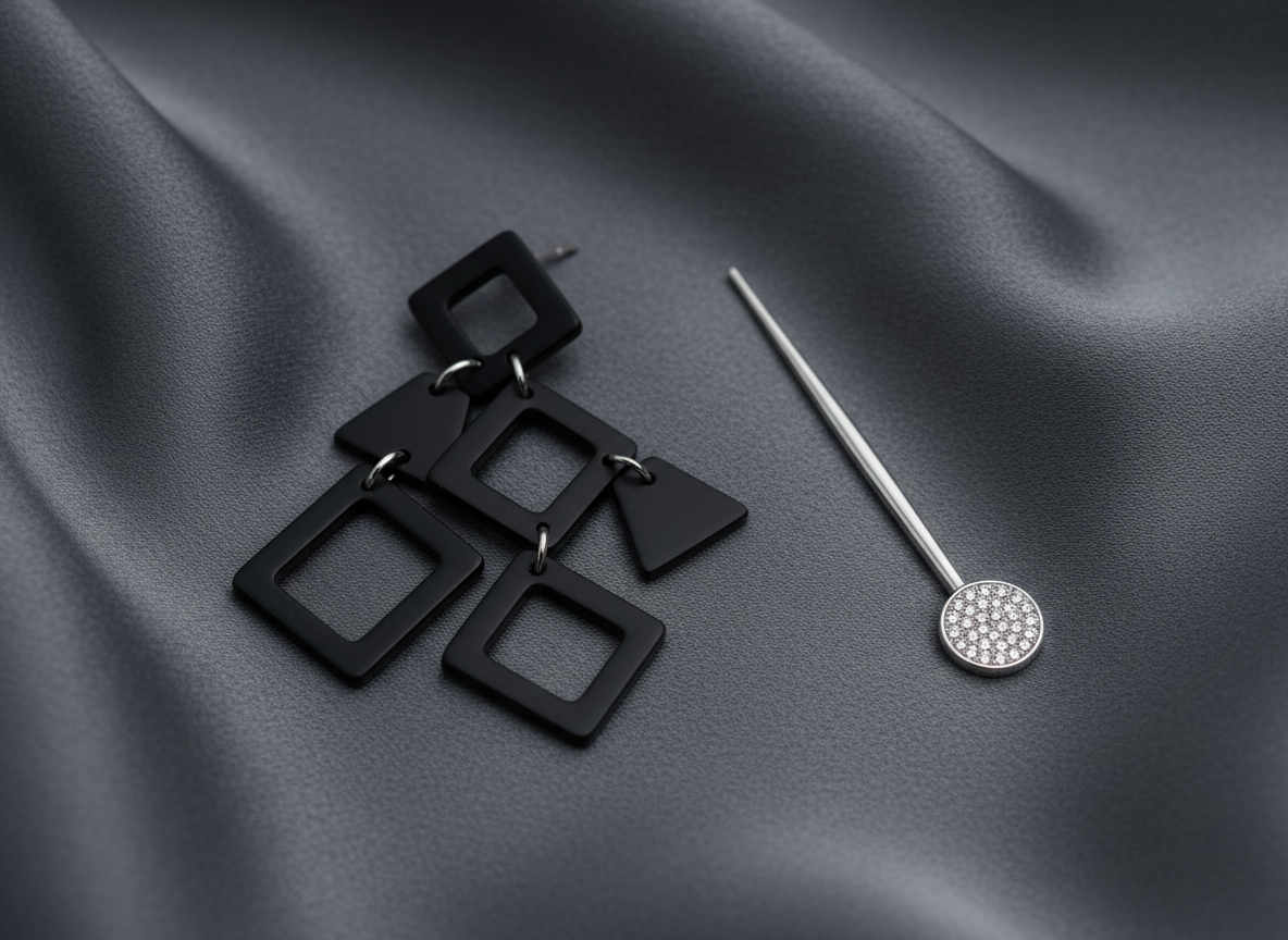 A pair of asymmetrical statement earrings lies on a charcoal silk fabric backdrop, one earring featuring a geometric cascade of matte black enamel shapes and the other a single elongated bar accented with a tiny pavé crystal disk. The silk subtly ripples around them, catching the light in soft gradients. Overhead studio lighting is diffused through a large softbox, creating smooth, shadowless illumination that emphasizes each edge and surface texture. The mood is bold, fashion-forward, and editorial. Shot from a slightly elevated angle with tight framing, the composition places the earrings along the rule of thirds, leaving negative space of dark, velvety textile. The photographic style is sharp and contemporary, perfect for showcasing a trendy collection’s key design on a product category page.
