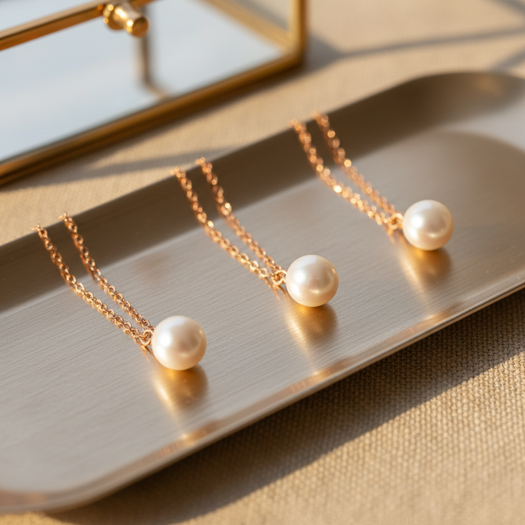 A trio of delicate pearl drop earrings is arranged in a neat diagonal across a brushed champagne metal tray, each earring featuring a fine rose gold chain and a single luminous freshwater pearl with subtle iridescence. The tray rests on a soft beige linen tablecloth with visible weave, near the blurred edge of a glass jewelry box in the background. Late afternoon sunlight streams in from the right, producing a warm, golden glow that kisses the pearls and creates tiny specular highlights on the metal surfaces. The atmosphere feels refined, intimate, and timeless. Captured from a slightly elevated macro perspective with a very shallow depth of field, the frontmost earring is in perfect focus while the others gently blur, giving a sophisticated, photographic realism suited to a luxury detail shot on a product page.