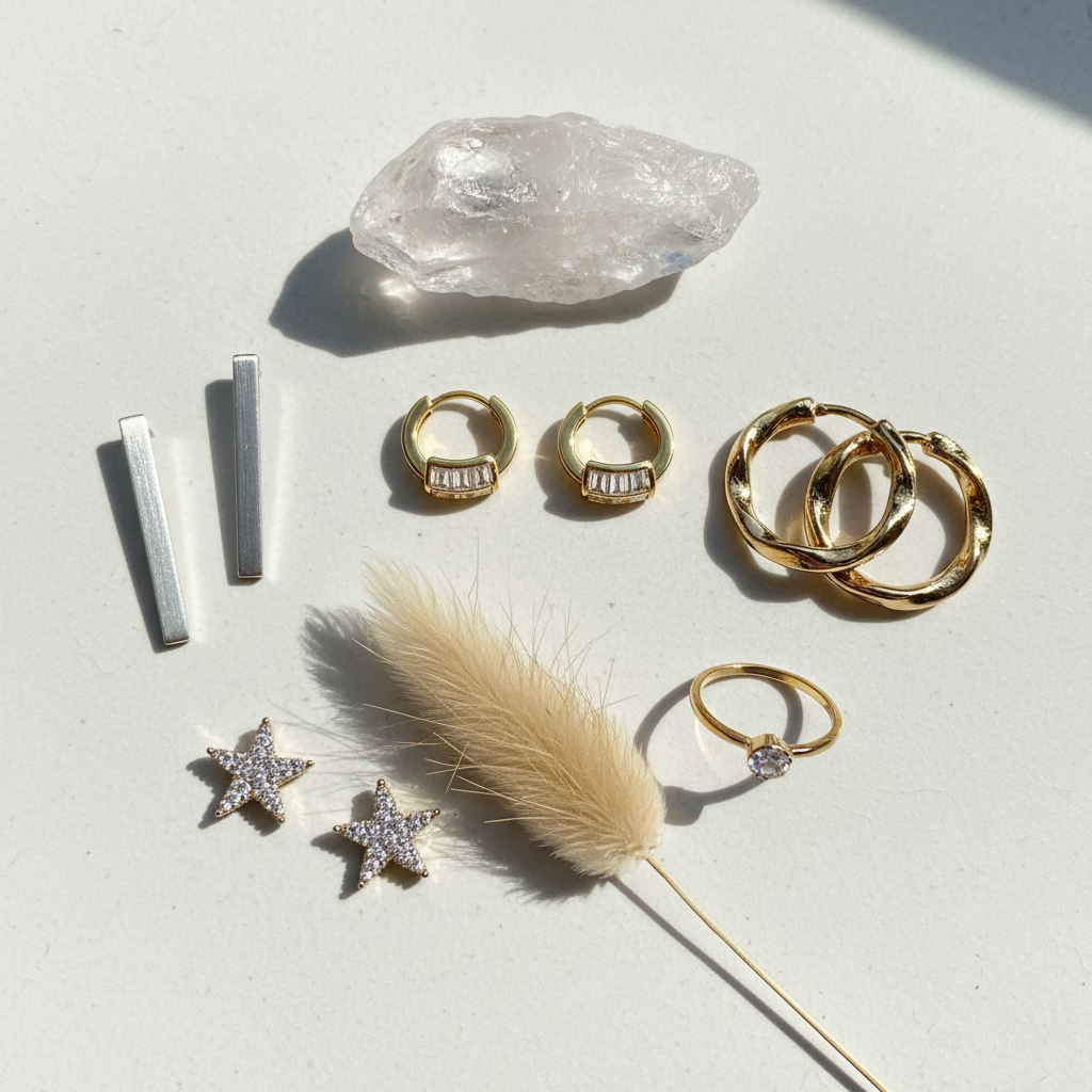 A carefully curated flat lay of multiple trendy earrings is arranged on a large, matte off-white ceramic tile: tiny huggie hoops with baguette crystals, sculptural twisted gold hoops, minimalist silver bars, and small star-shaped studs with pavé stones. Between the earrings are subtle accents—a single dried pampas plume, a slim gold ring, and a translucent quartz slice—creating a balanced, editorial composition. Soft, indirect daylight from above creates gentle, even illumination with delicate shadows that define each piece without harshness. The mood is modern, stylish, and aspirational. Photographed directly from overhead with sharp focus across the entire scene, the image feels clean, organized, and highly curated, ideal for a collection overview or social-style banner on a sophisticated earring boutique website.